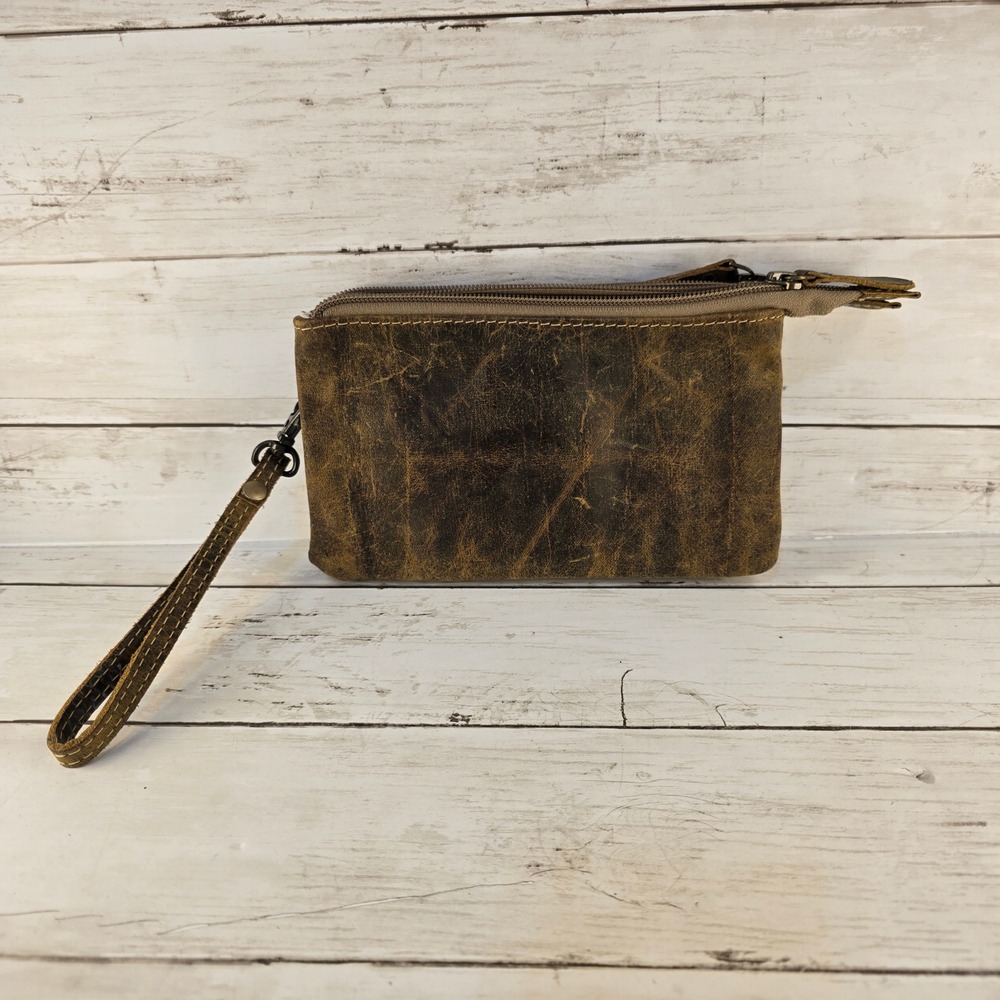 Myra Bag Distressed Brown Leather Wristlet Clutch Dual Zip Wallet